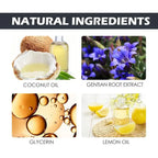 Collection of natural ingredients including coconut oil, gentian root extract, glycerin, and lemon oil with corresponding images.