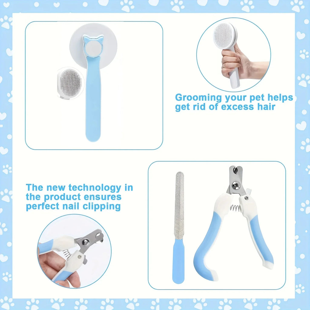 Pet grooming tools with text on a blue background