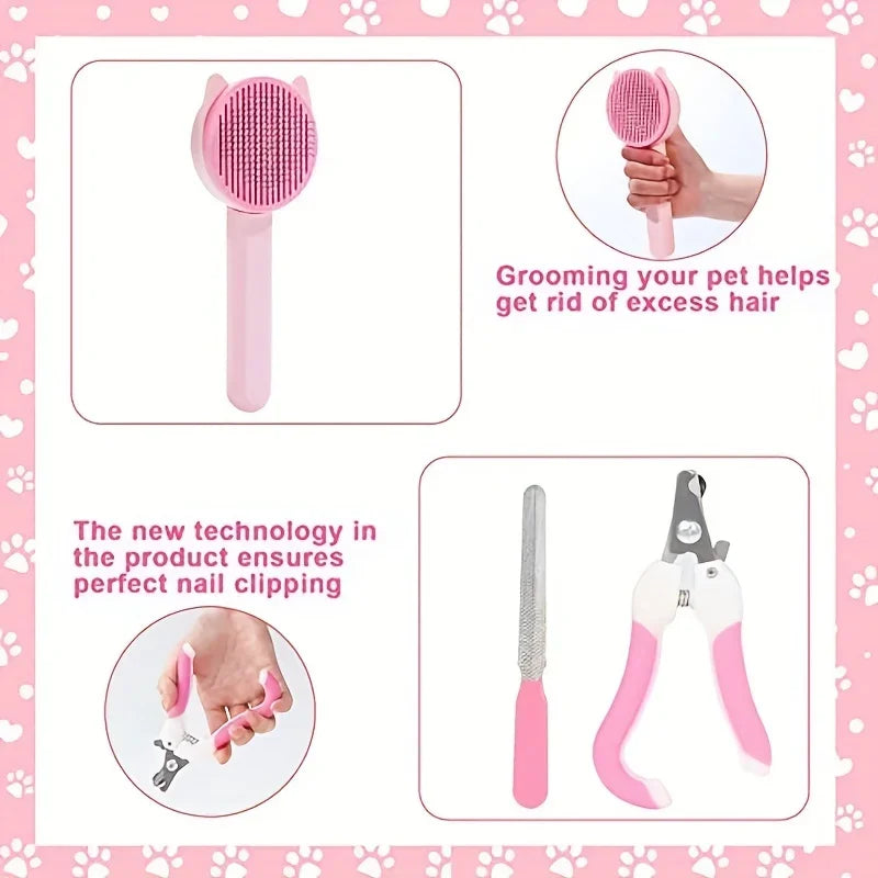 Set of pink pet grooming tools with text on a pink background with paw prints.