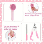 Set of pink pet grooming tools with text on a pink background with paw prints.