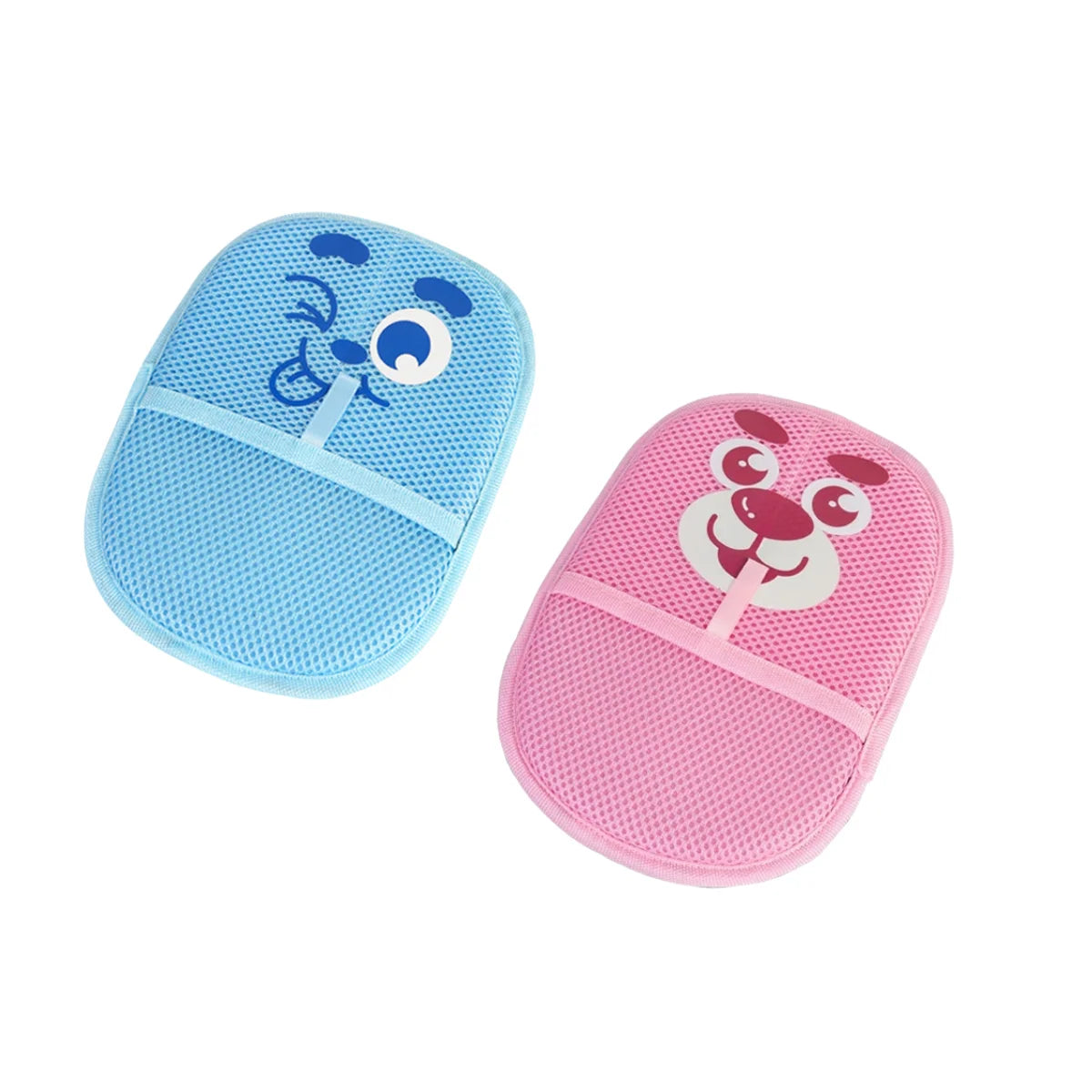 Two mesh storage pouches, one blue and one pink, with cartoon designs on a white background.
