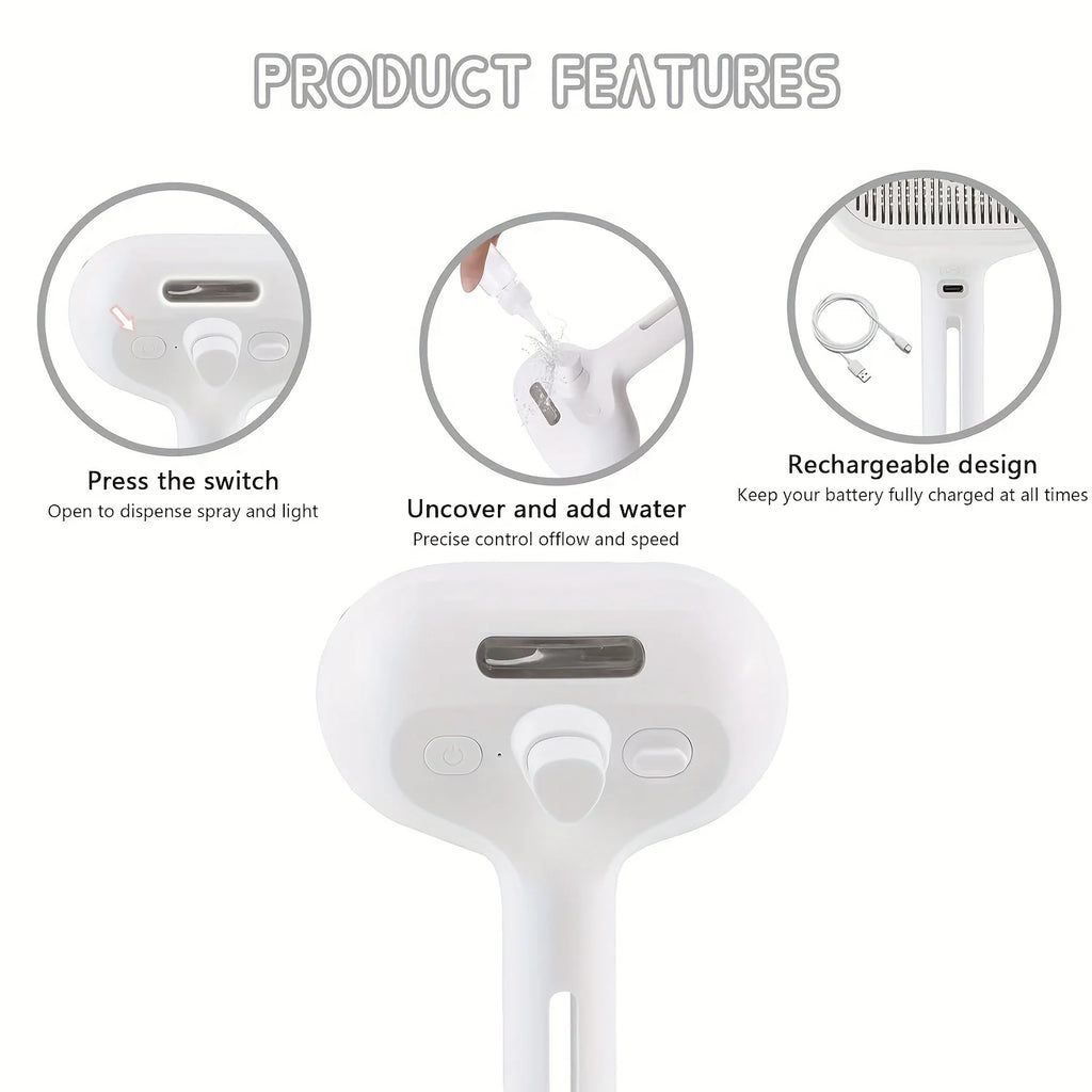 Product features of a white handheld device with switch, water addition, and rechargeable design on a white background.