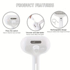 Product features of a white handheld device with switch, water addition, and rechargeable design on a white background.