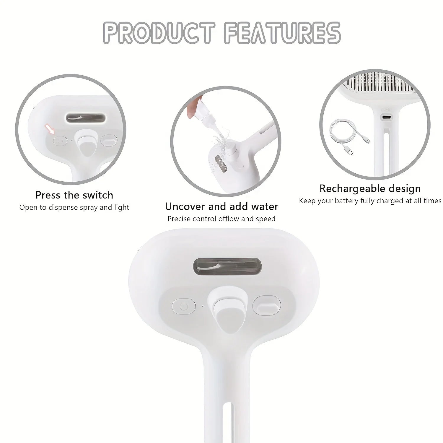 Product features of a white handheld device with switch, water addition, and rechargeable design on a white background.