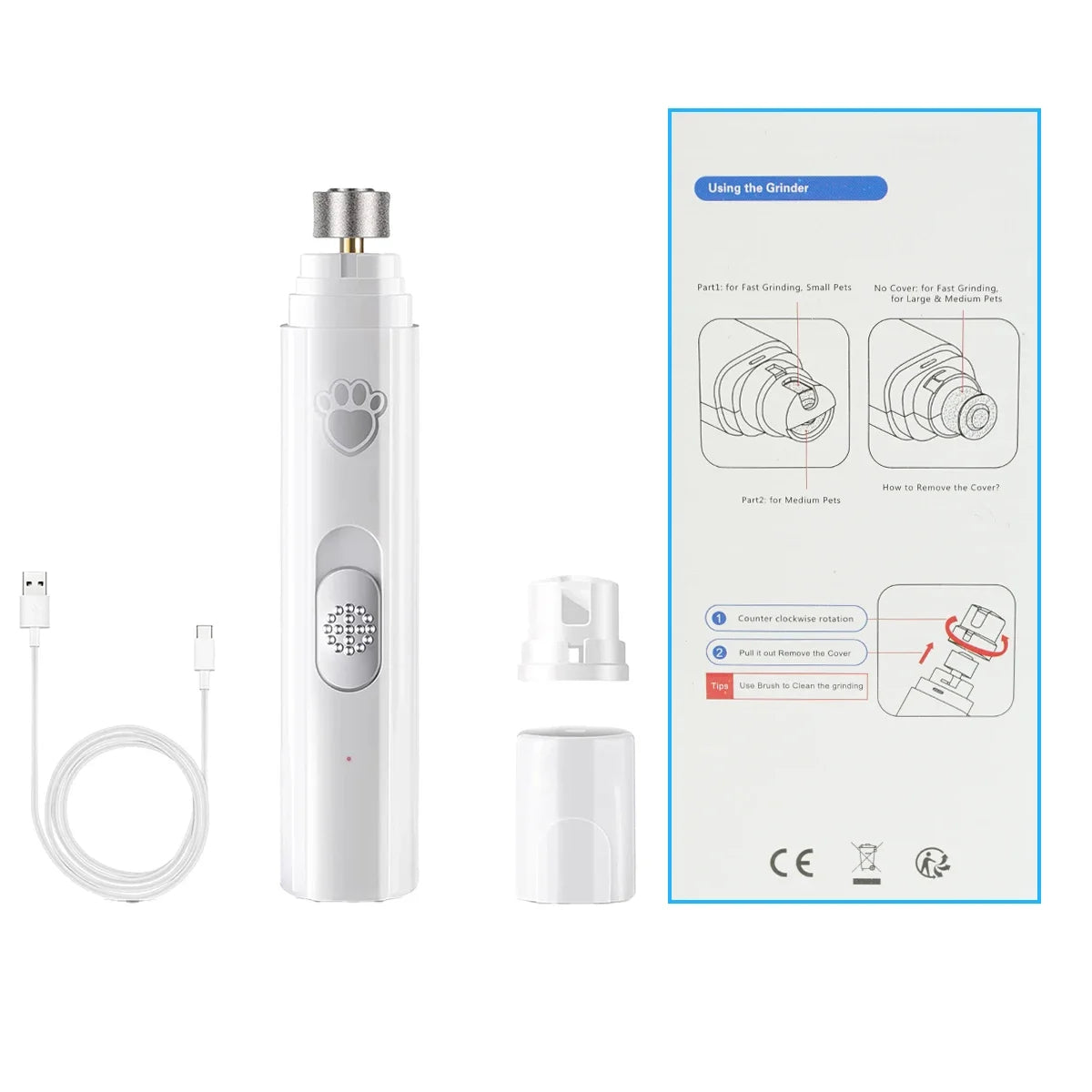 Electric Dog Nail Grinder Pet Nail Clipper USB Rechargeable Pet Nail Trimmers Painless with Polisher Wheel for Small/Large Pets