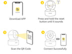 Step-by-step guide for connecting a device using an app and QR code on a white background.