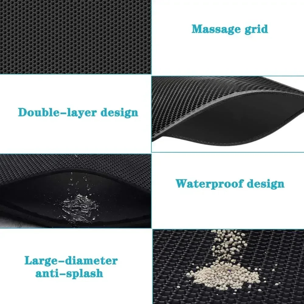 Product features including massage grid, double-layer design, waterproof design, and large-diameter anti-splash on a black surface.