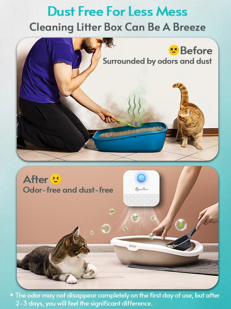 Before and after comparison of cleaning a litter box with an odor control device, showing a cat's reaction to the clean environment.