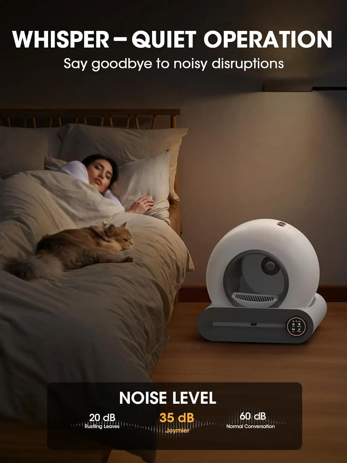 Woman sleeping with a cat next to a white noise machine in a bedroom setting.