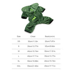 Green dinosaur hoodie with size chart on a white background