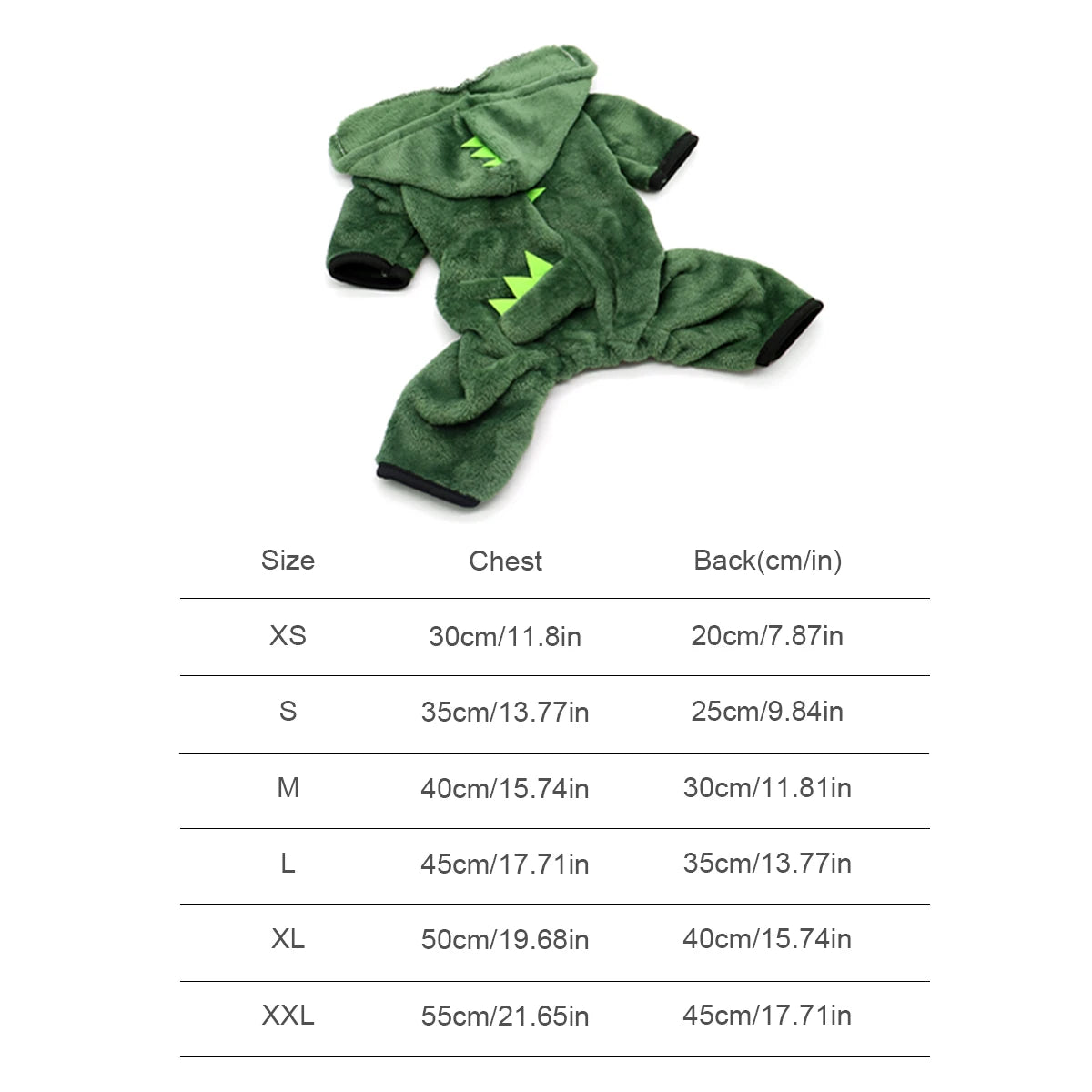 Green dinosaur hoodie with size chart on a white background