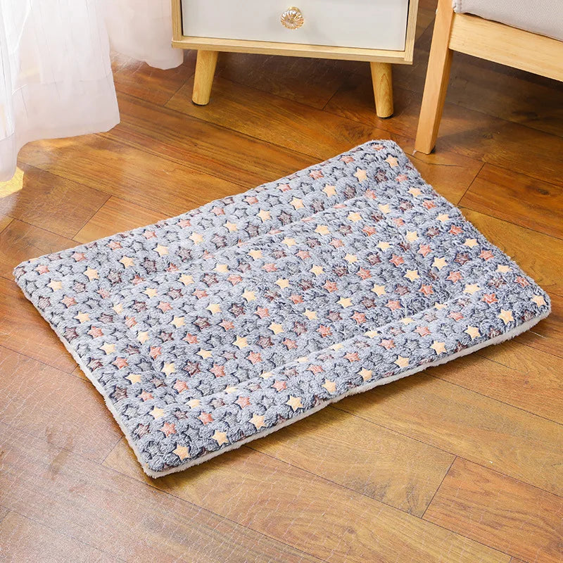 Floral-patterned rug on a wooden floor