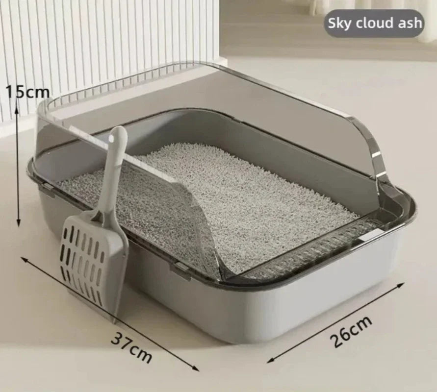 Cat litter box with dimensions and a scoop on a light background