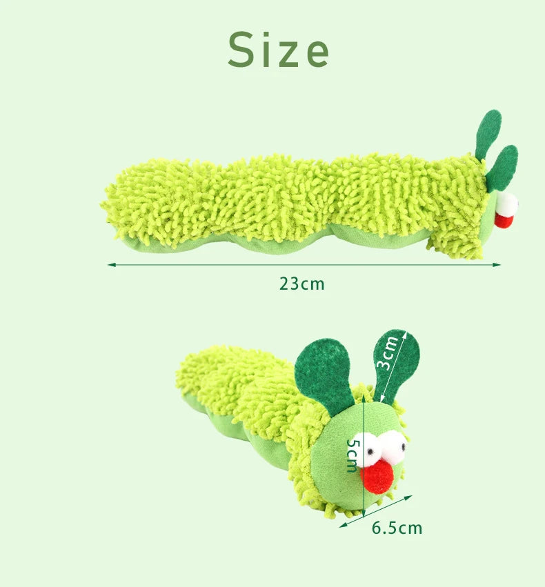 Green caterpillar-shaped toy with measurements on a light green background