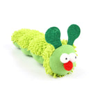 Green plush caterpillar toy with a red nose on a white background