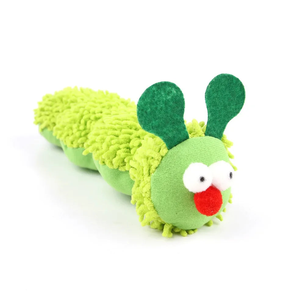 Green plush caterpillar toy with a red nose on a white background