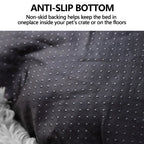 Text describing non-skid backing on a pet bed with a close-up of the textured surface.