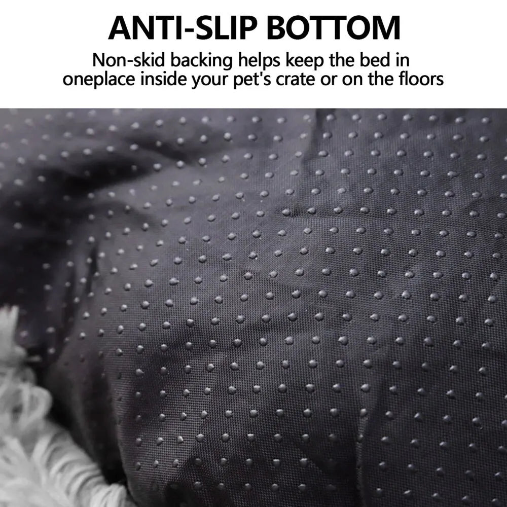 Text describing non-skid backing on a pet bed with a close-up of the textured surface.