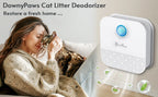 Woman holding a cat next to a DownyPaws Cat Litter Deodorizer on a light background