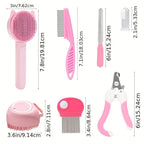 Set of pink pet grooming tools with measurements on a white background
