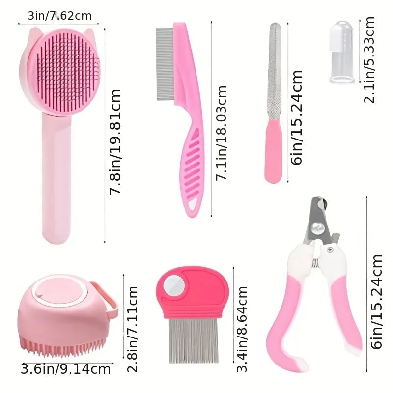 Set of pink pet grooming tools with measurements on a white background