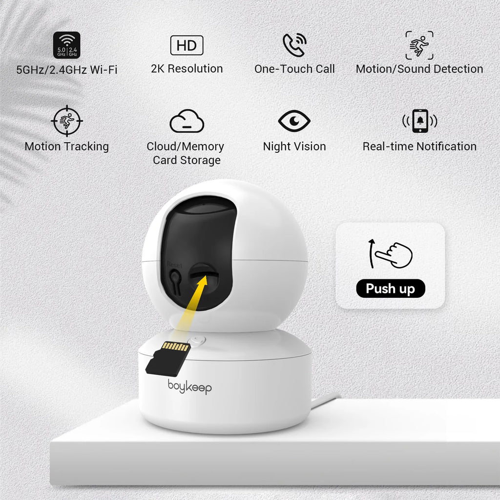 Smart camera with features listed on a gray background