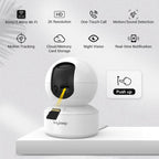 Smart camera with features listed on a gray background