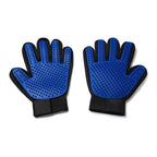 Pair of blue grooming gloves with black cuffs on a white background