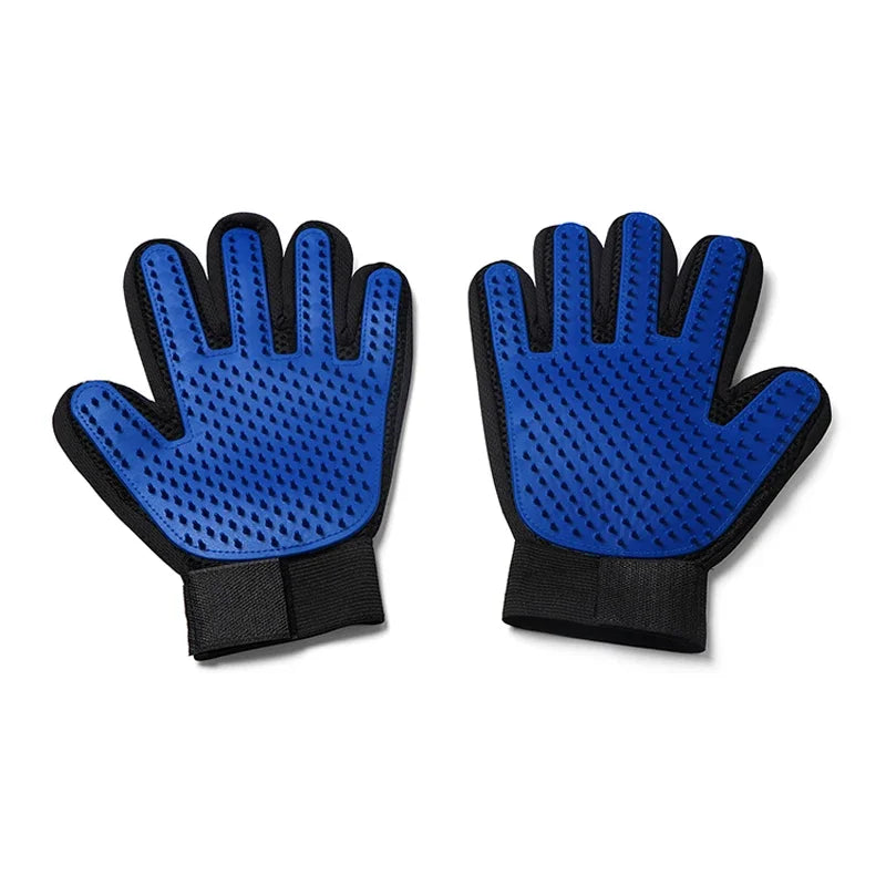Pair of blue grooming gloves with black cuffs on a white background