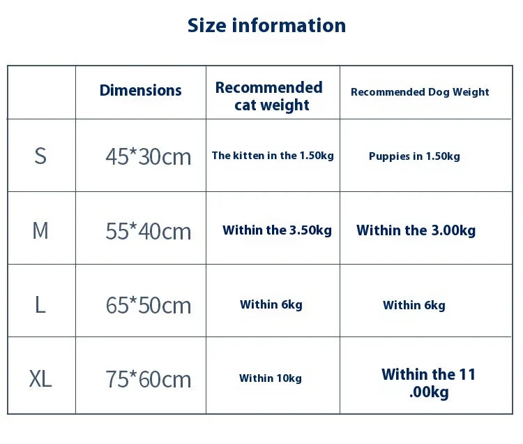 Size chart for pet products with dimensions and recommended weight ranges for cats and dogs.