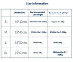 Size chart for pet products with dimensions and recommended weight ranges for cats and dogs.
