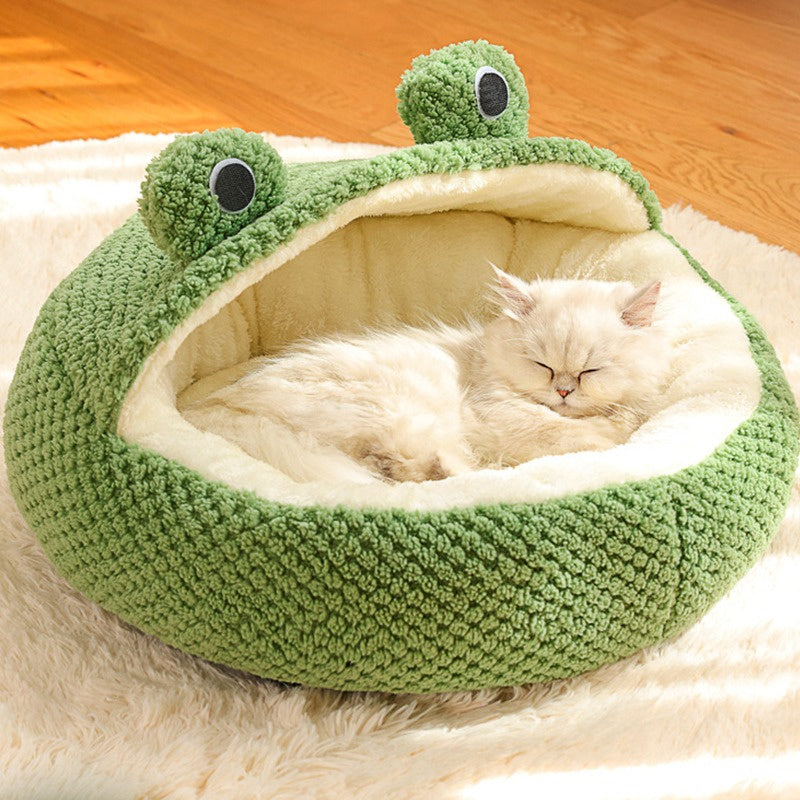 New Pet Nest Winter Warm Dog Den Cat Villa Plush Pets Mattress Small Frog Shape Semi Enclosed Kitten Puppy House Pet Supplies