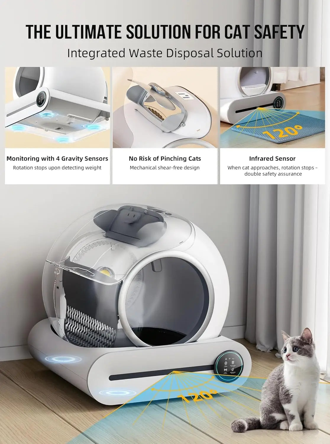 Cat litter box with safety features and a cat sitting next to it on a wooden floor.