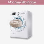 Washing machine with a donut-shaped product inside, labeled 'Machine Washable'.