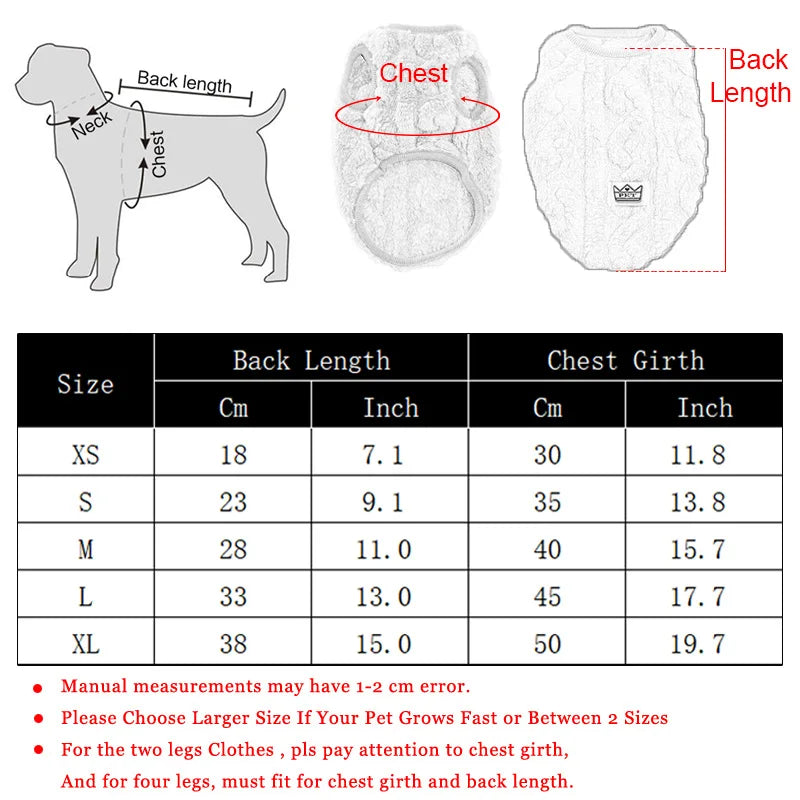 Measurement chart for dog coats with diagram and size chart