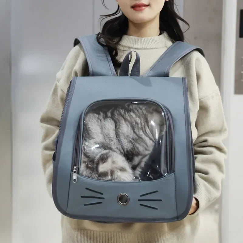 Person carrying a gray pet backpack with a cat inside, against a neutral background