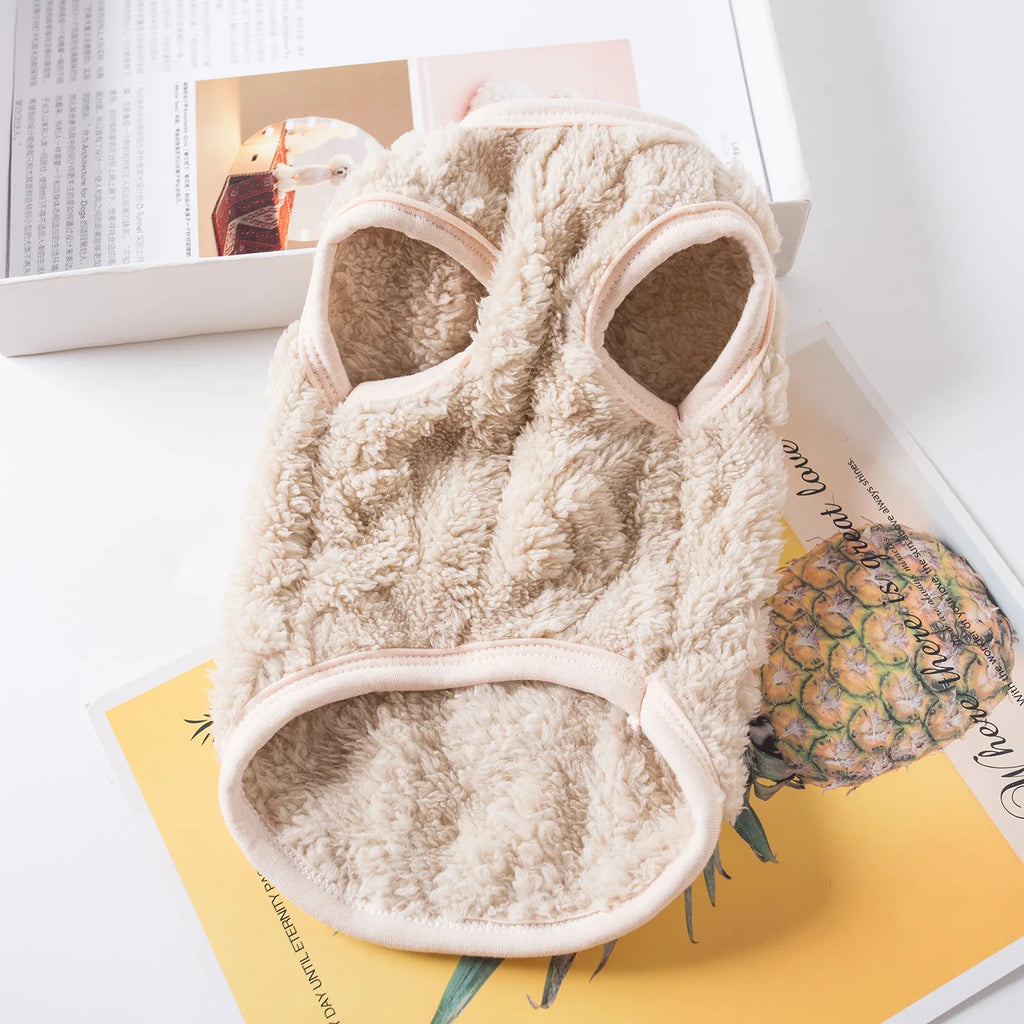 Fluffy beige pet coat on a surface with a pineapple and magazine in the background