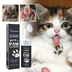 Cat with paw cleaner product and packaging, showing before and after effect on paw.