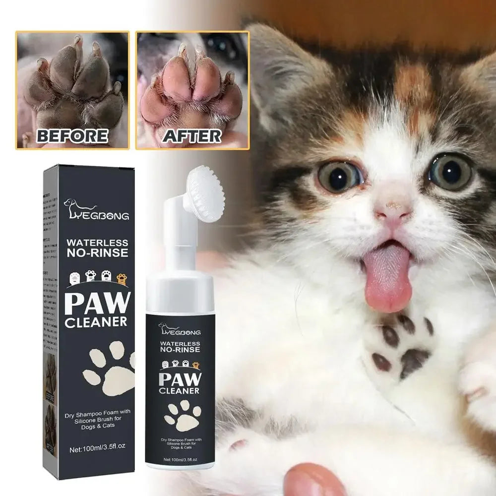 Cat with paw cleaner product and packaging, showing before and after effect on paw.