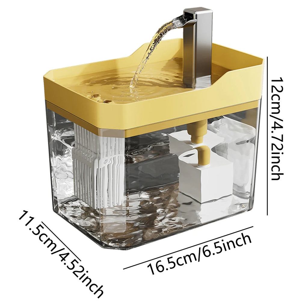 Yellow and clear glass water dispenser with measurements on a white background