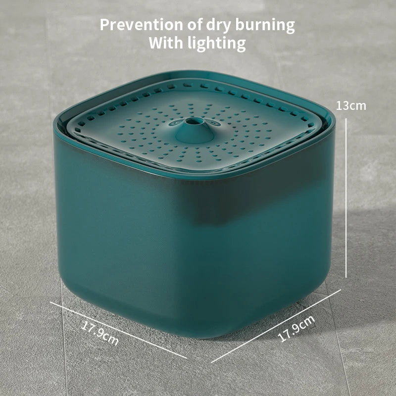 Teal-colored container with a perforated lid on a gray background, featuring text about dry burning prevention.