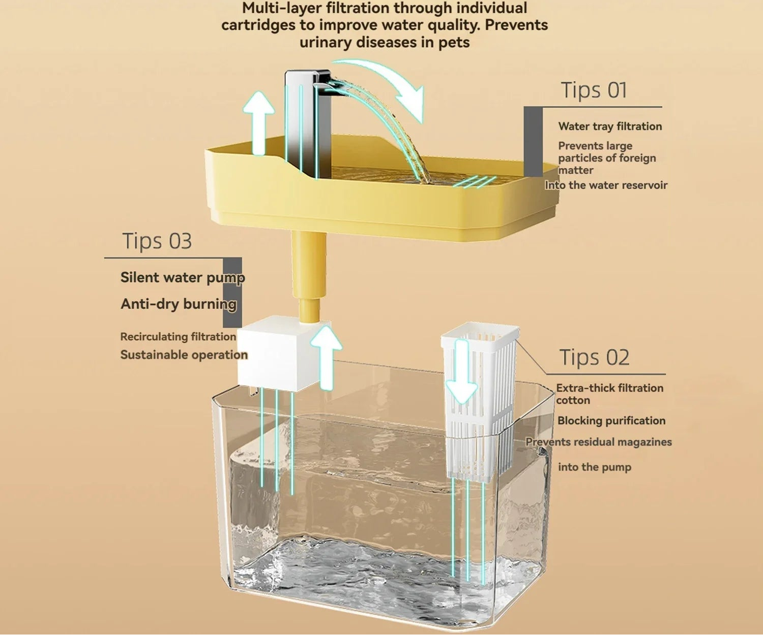 Diagram of a water filtration system with text on a beige background