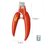 Red pet nail clipper with measurements on a white background