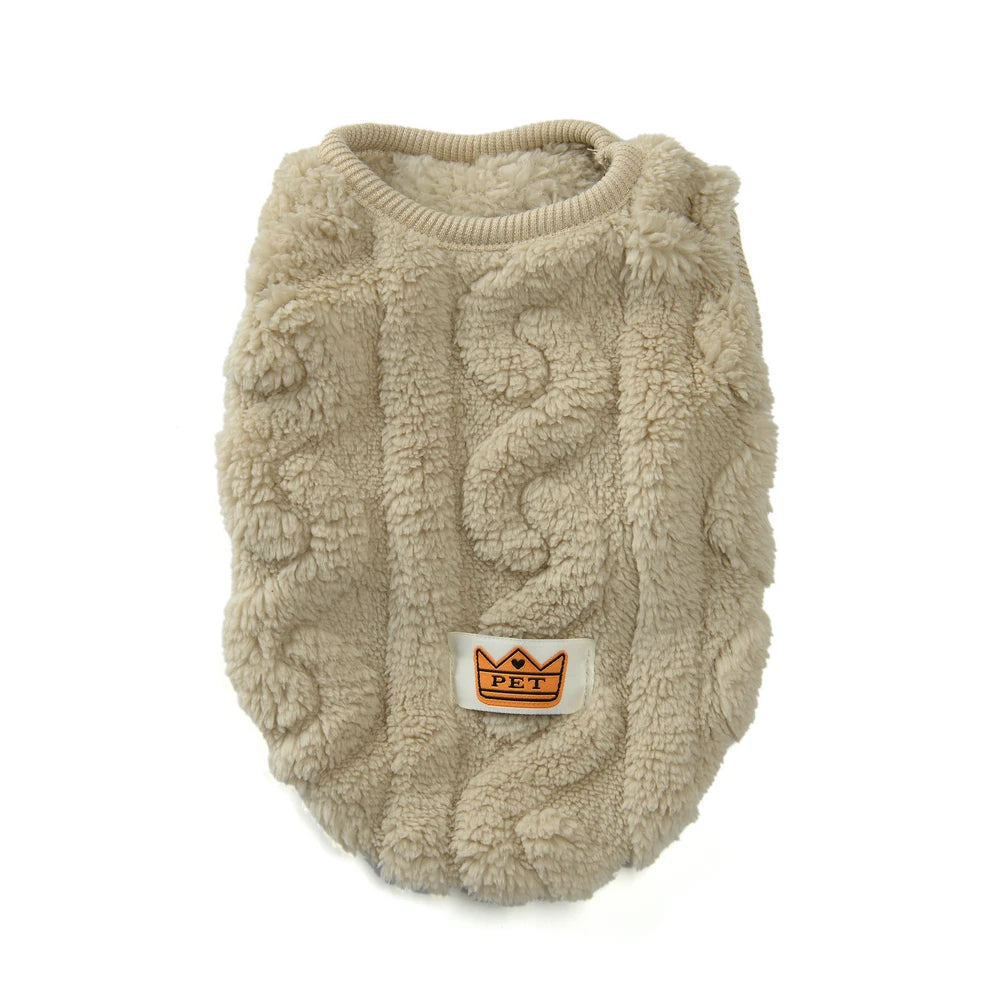 Beige cable knit dog sweater with a brand logo on a white background