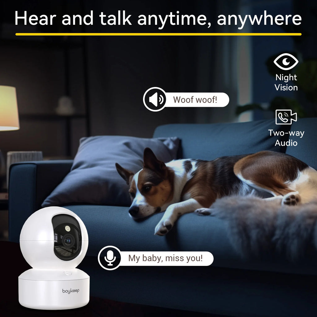 Pet monitor with night vision and two-way audio features, displayed with a dog on a couch.