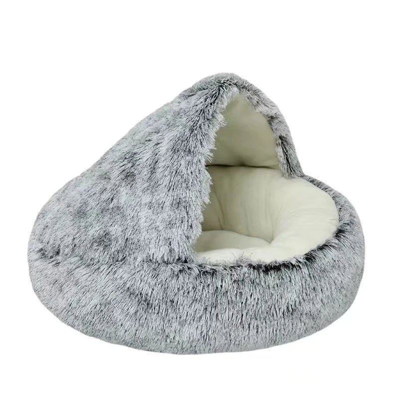 Fluffy gray pet bed on a white background