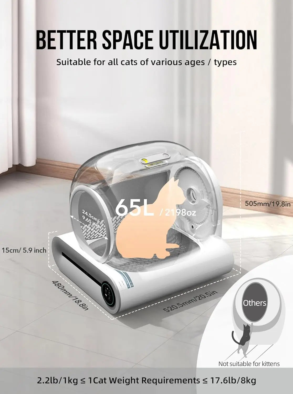 Pet washing machine with dimensions and capacity details on a neutral background