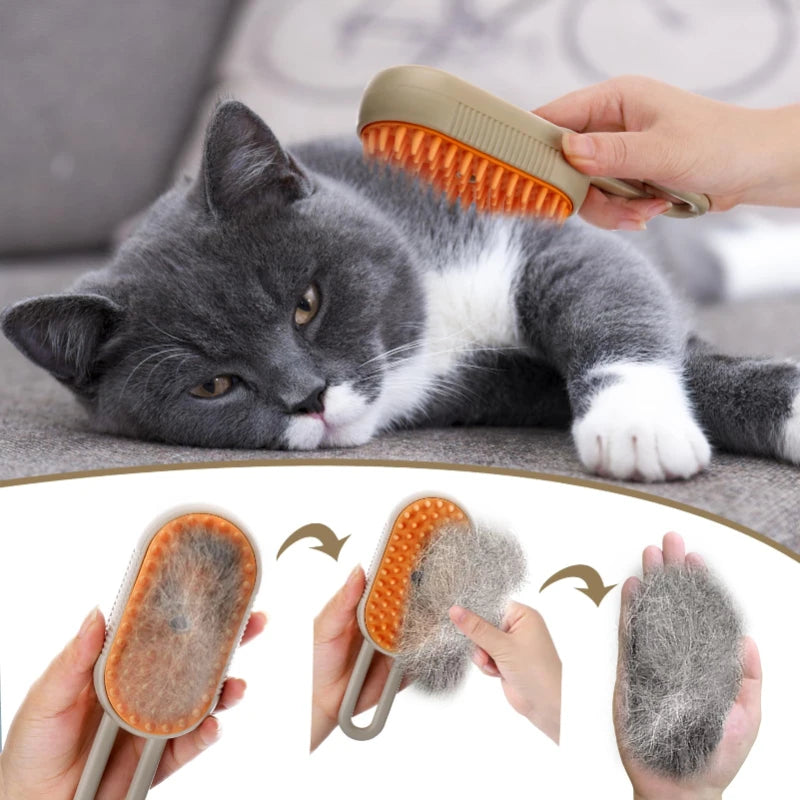 Cat being groomed with a brush, showing collected fur, on a gray surface.