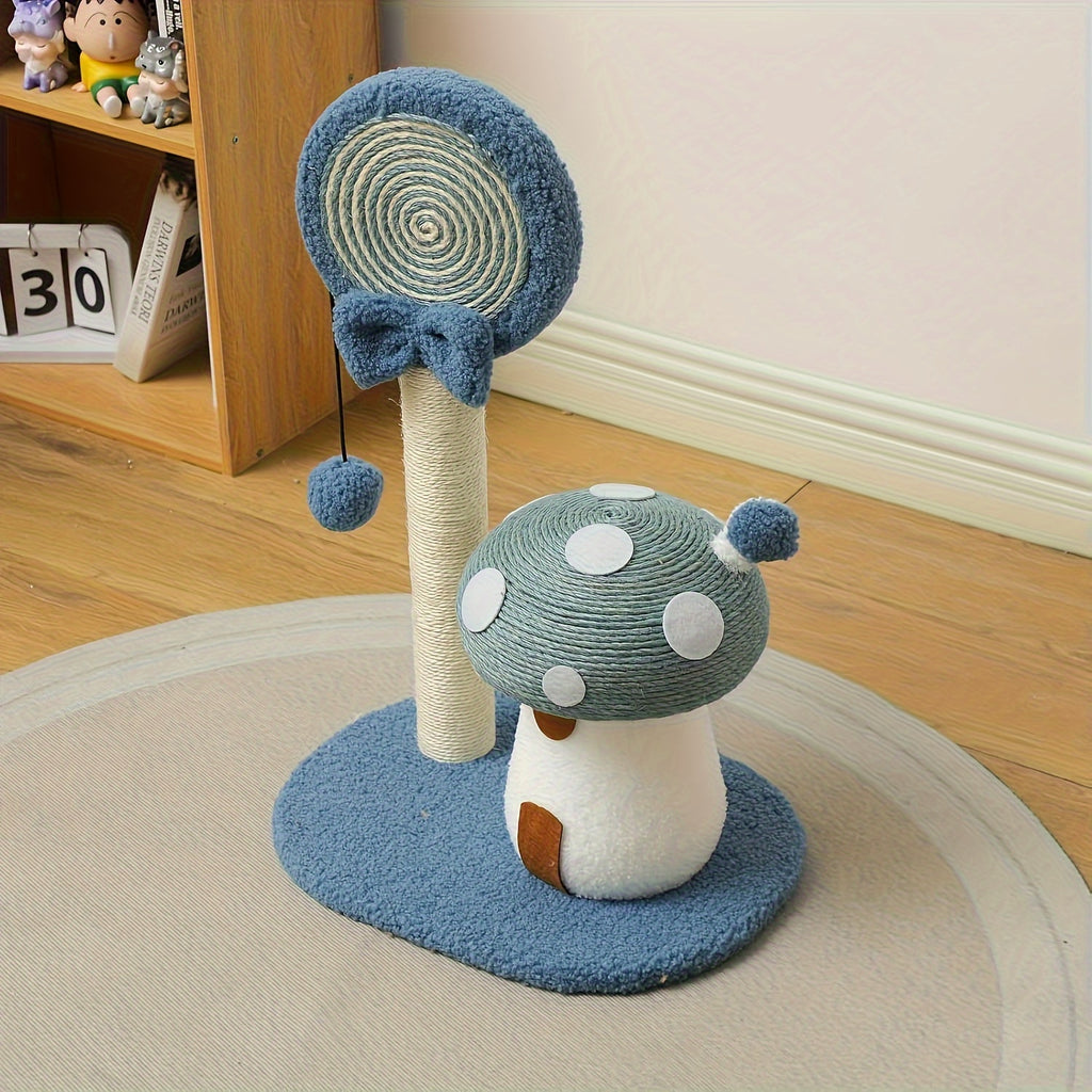 Cat toy with a mushroom design and scratching post on a wooden floor.