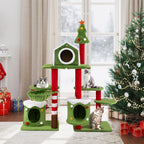 Cat tree with multiple levels and a Christmas tree in a room decorated for the holidays.